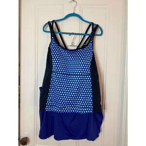 Lands End Tankini Swim Suit 24W Top 26W skort Blue Black White Polka Dot